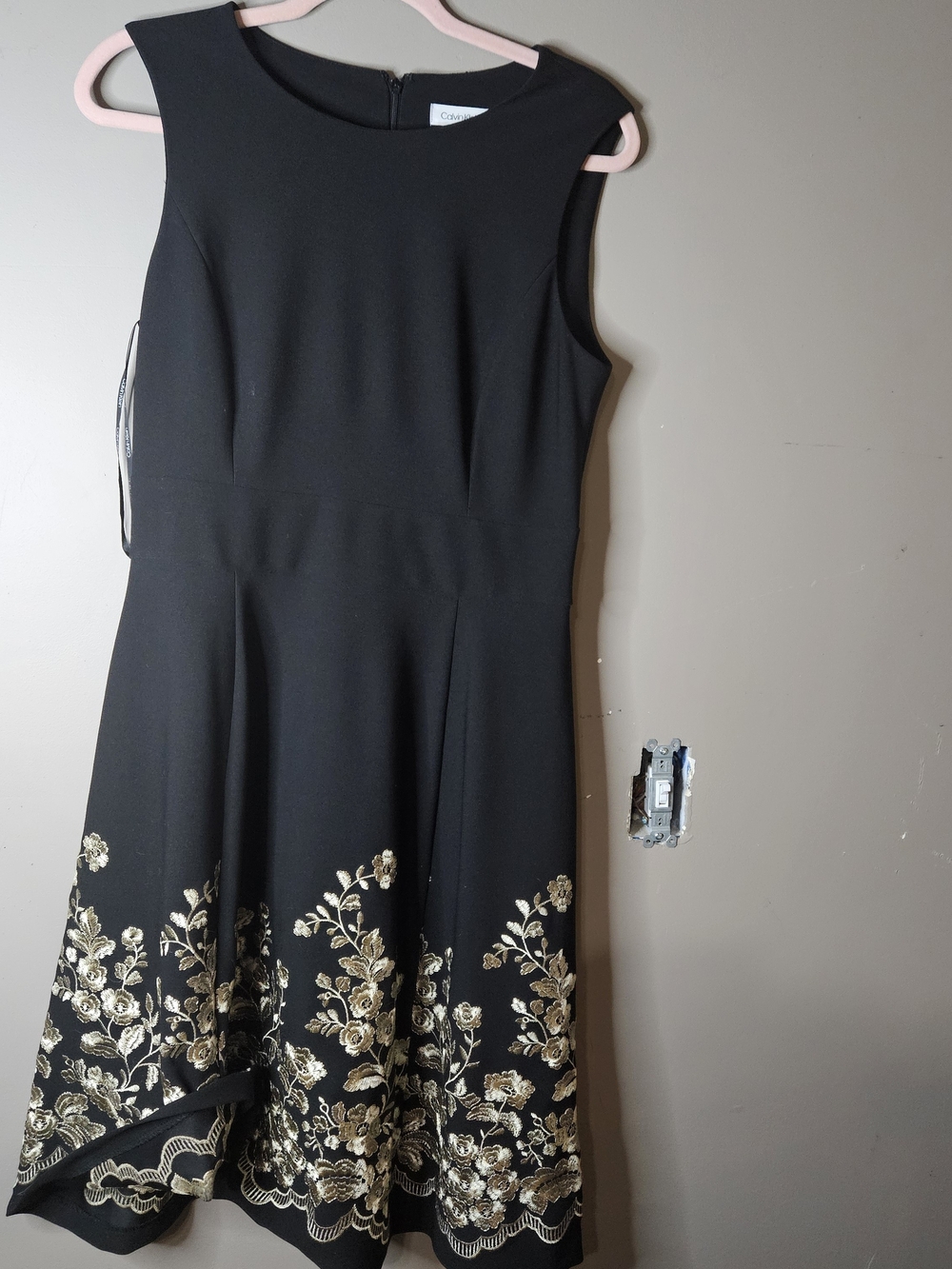 Calvin Klein Black Midi Dress with Gold Floral Embroidery Ptp 19" Length 42"